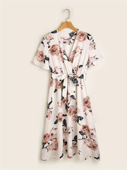 Floral Print Surplice Neck Dress Women's Clothing