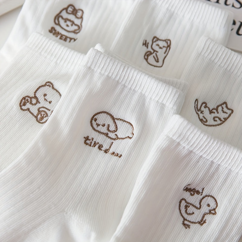 6 Pairs Cartoon Embroidery Mid Tube Socks Women's Stockings