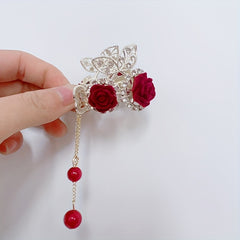 Vintage Hair Clip Cherry Rose Tassel Hair Accessory