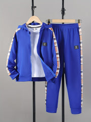 Boy's Stylish Hooded Jacket & Pants Set Zip Up Plaid Patched Outfits