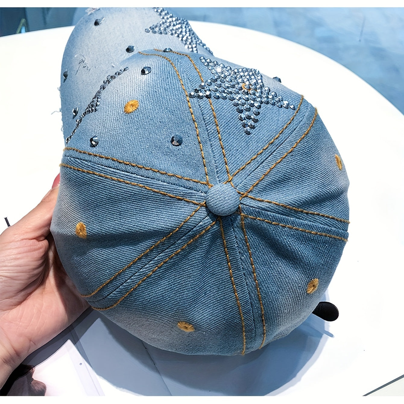 Distressed Rhinestone Star Denim Baseball Cap Adjustable Sun Hat