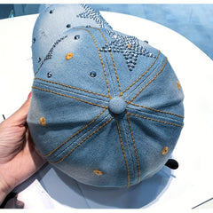 Distressed Rhinestone Star Denim Baseball Cap Adjustable Sun Hat