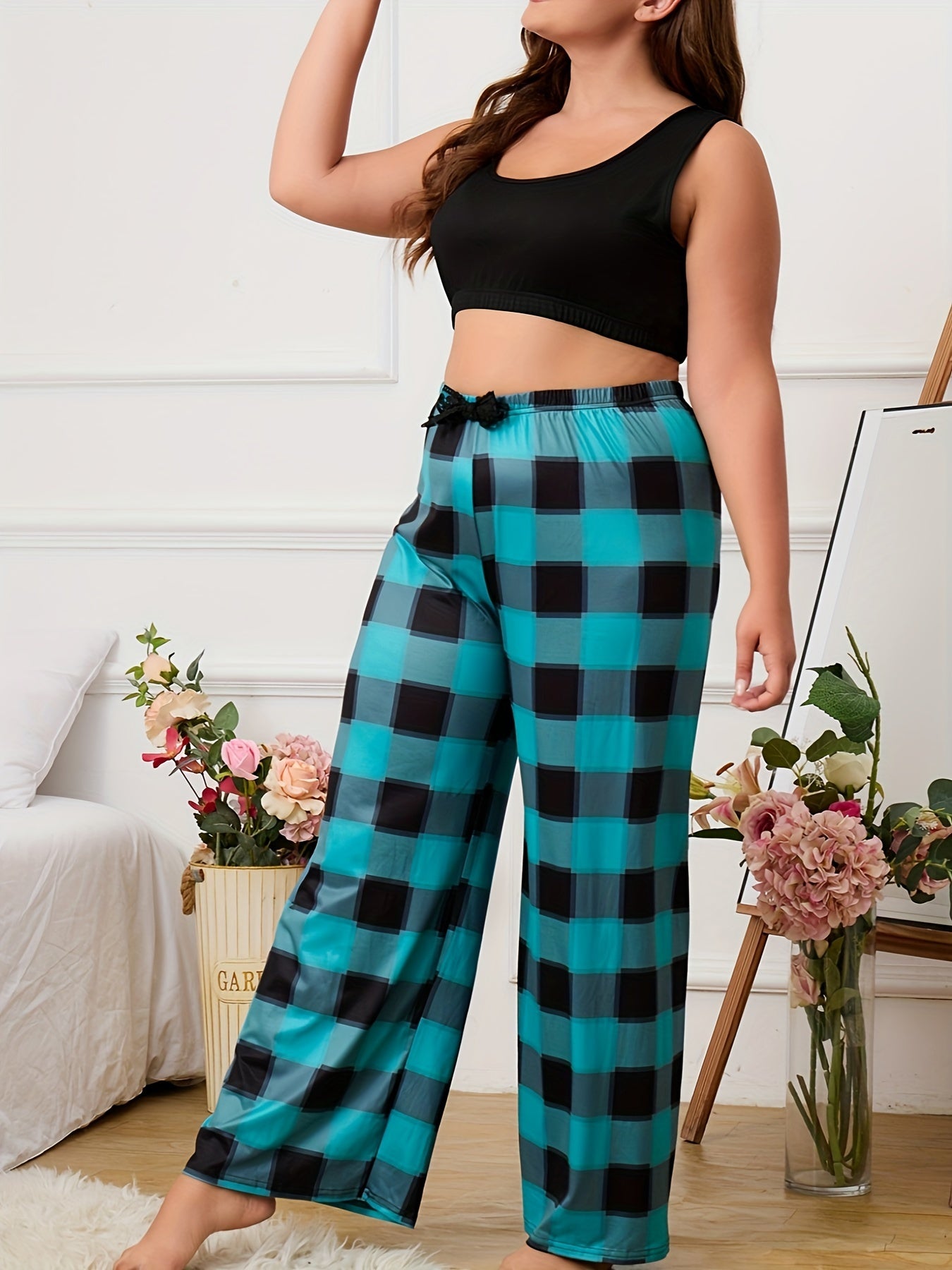 Crop Tank Top & Plaid Print Pajama Set