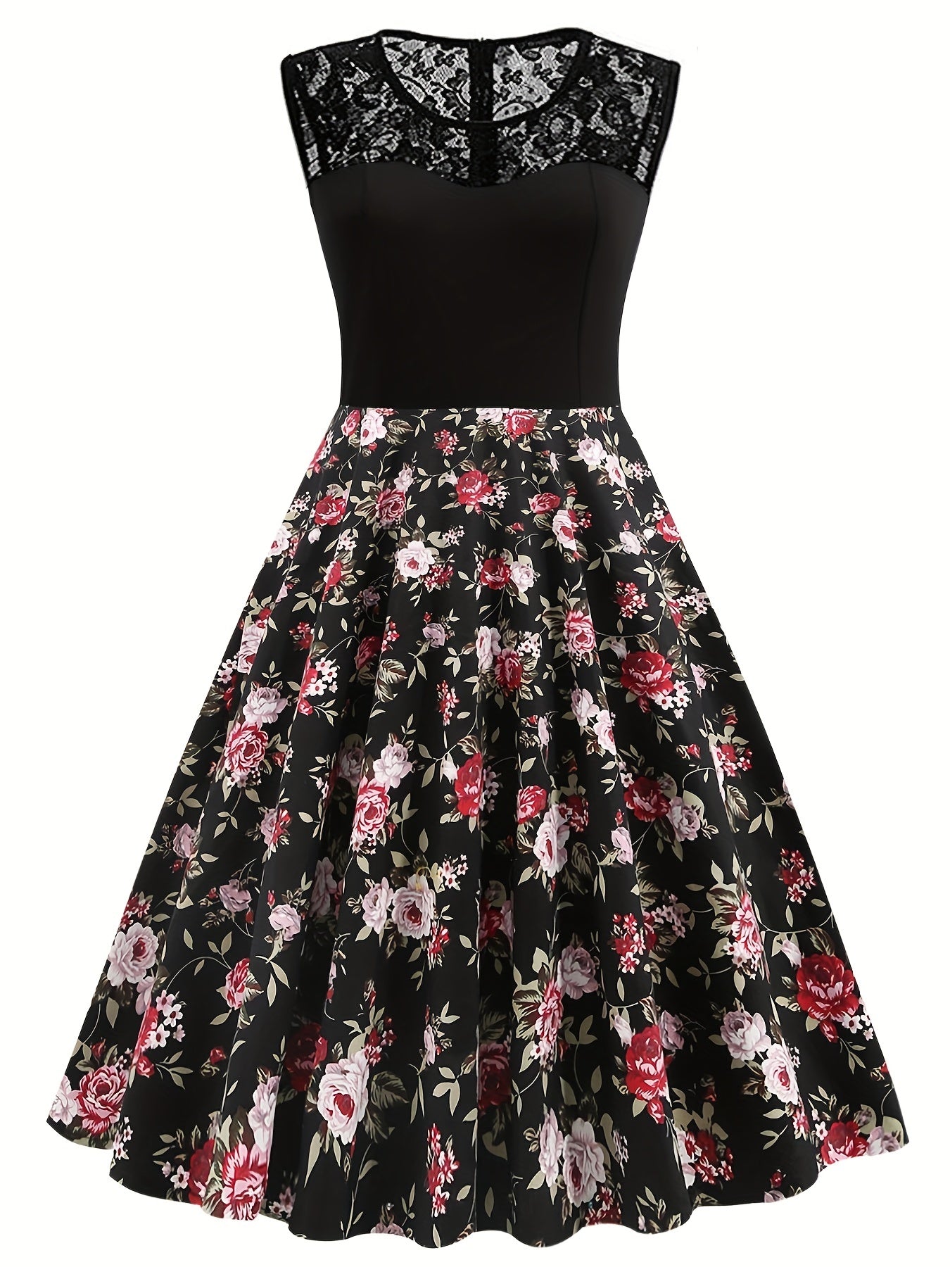 Vintage Dark Peony Sleeveless Dress Contrast Lace Print