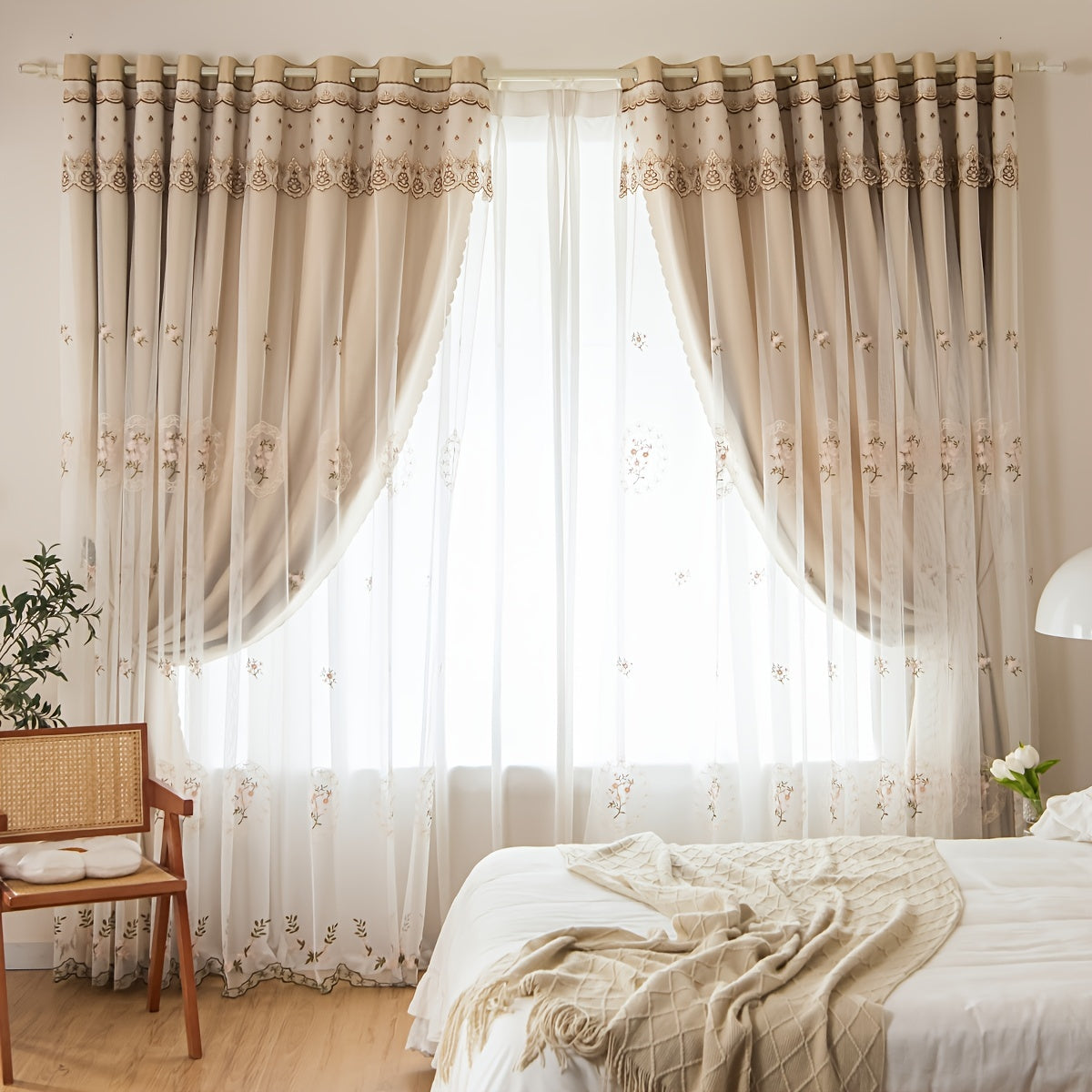Blackout Rose Flower Pattern Tulle Curtain with Lace Embroidery