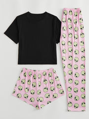 Alien Print Pajama Set Short Sleeve T shirt & Shorts & Pants
