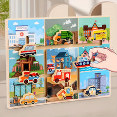 Educational Toy: Wood Track Game with Vehicles & City Scene for Toddlers