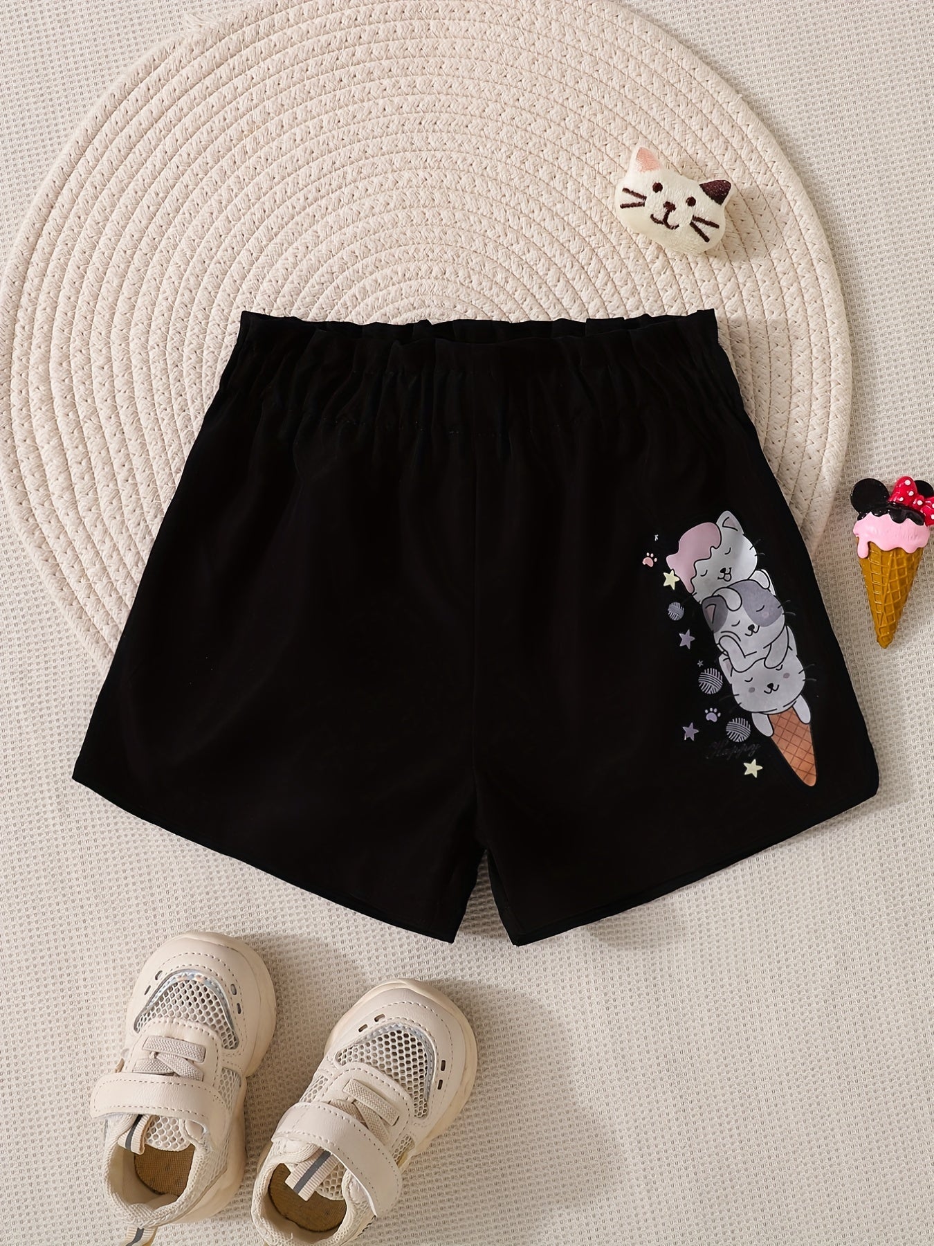 Toddler Girls Ice Cream Cat Graphic Elastic Waist Casual Sports Track Shorts