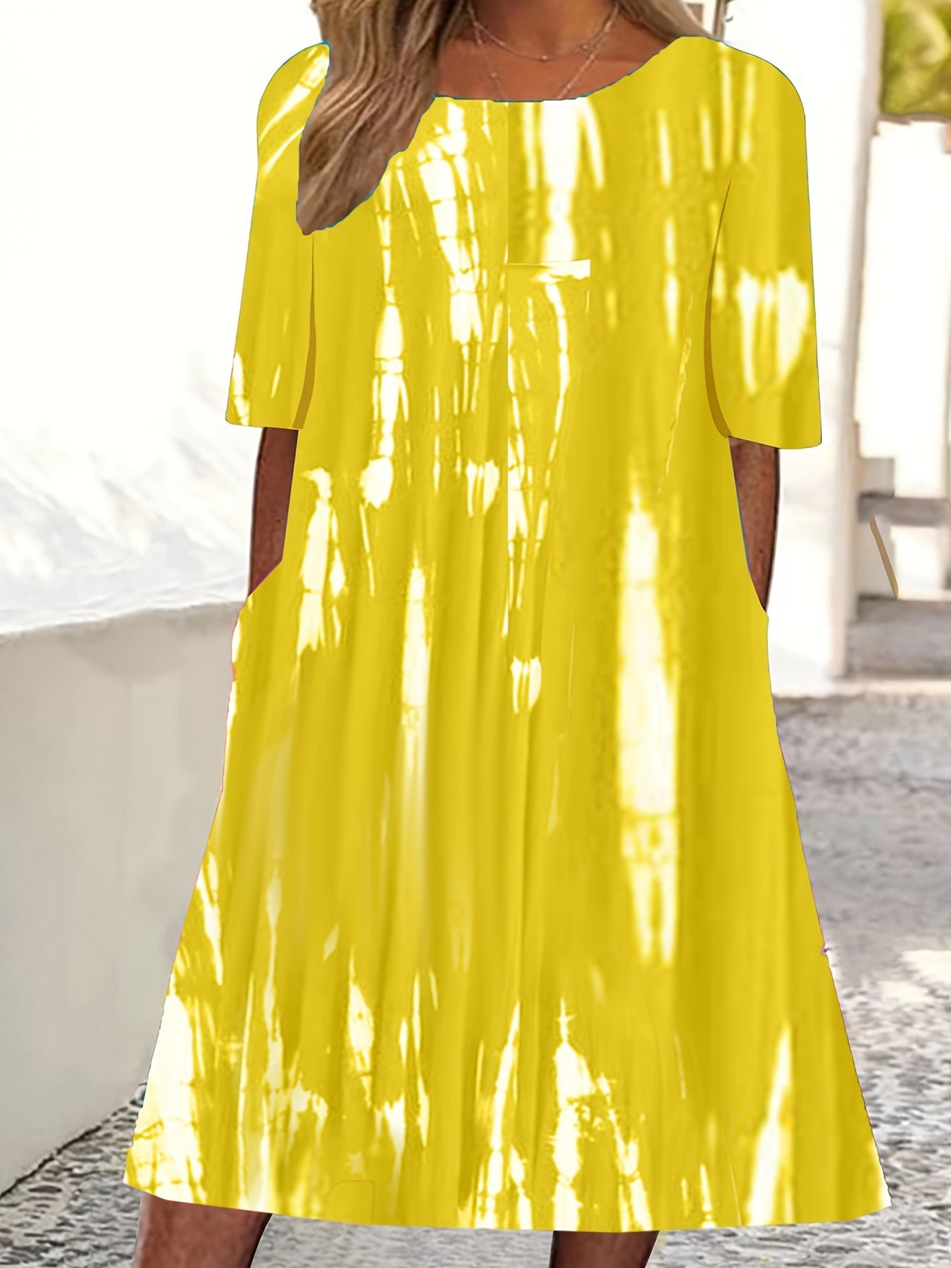 Tie Dye Short Sleeve Round Neck Dress With Pockets