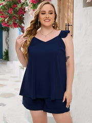 Solid V-Neck Ruffle Trim Cami Top & Shorts Set