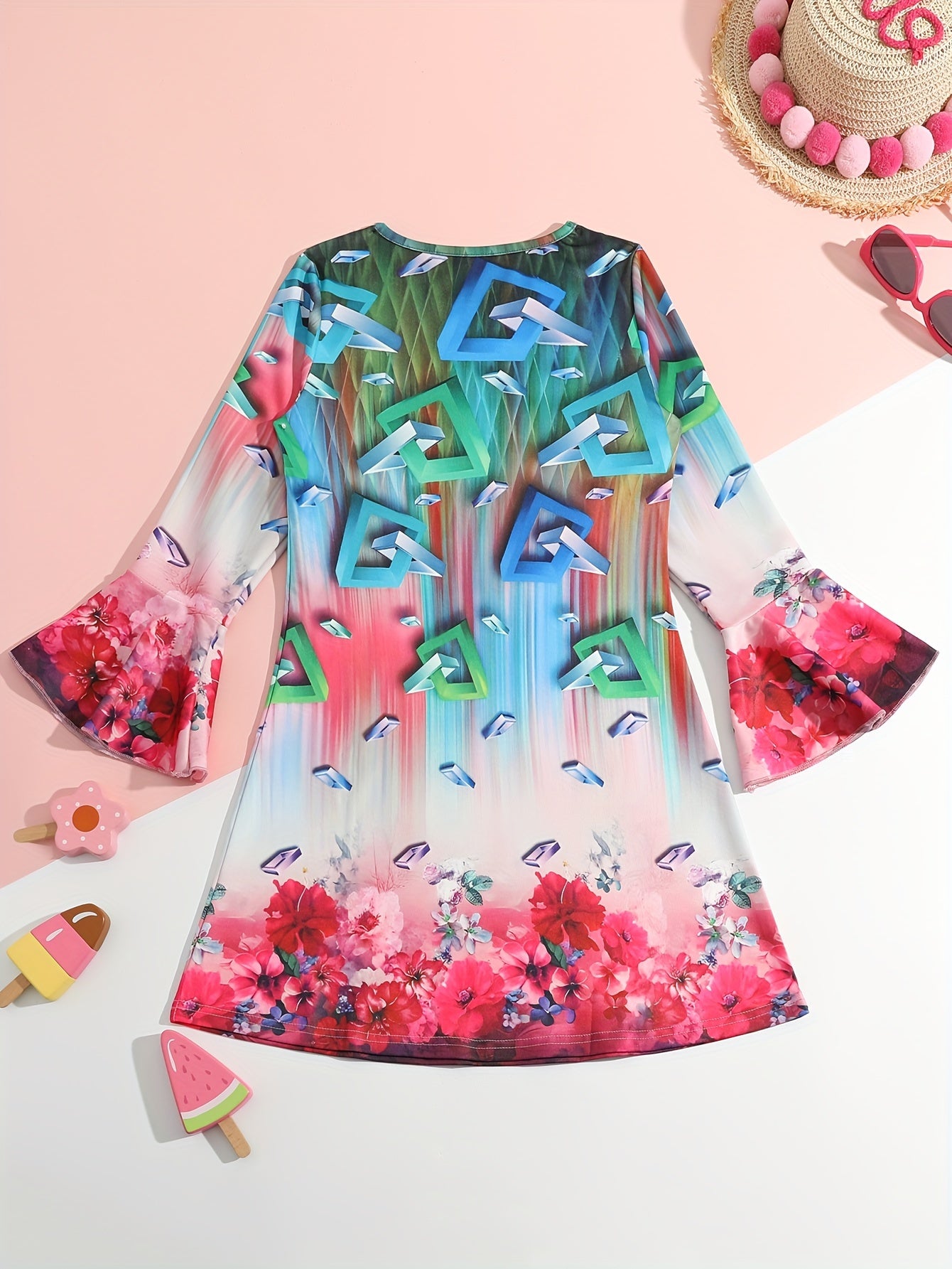 Girls Flower Graphic Crew Neck Long Sleeve Dress