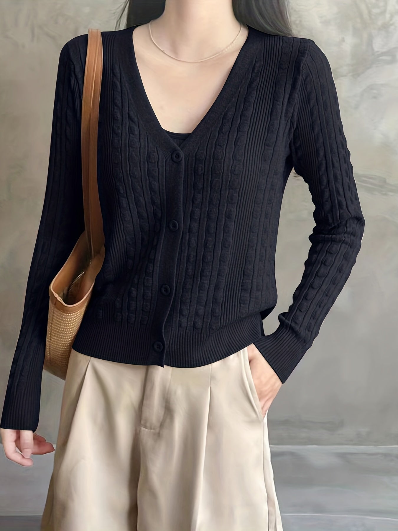 Solid V Neck Button Up Cardigan for Women