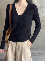 Solid V Neck Button Up Cardigan for Women