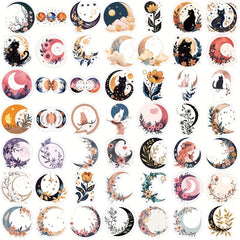50pcs Moon Flower Cat Doodle Stickers for Laptop Guitar