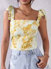 Floral Print Tank Top Sexy Summer Sleeveless Knotted Backless Zip Up Cami Tops