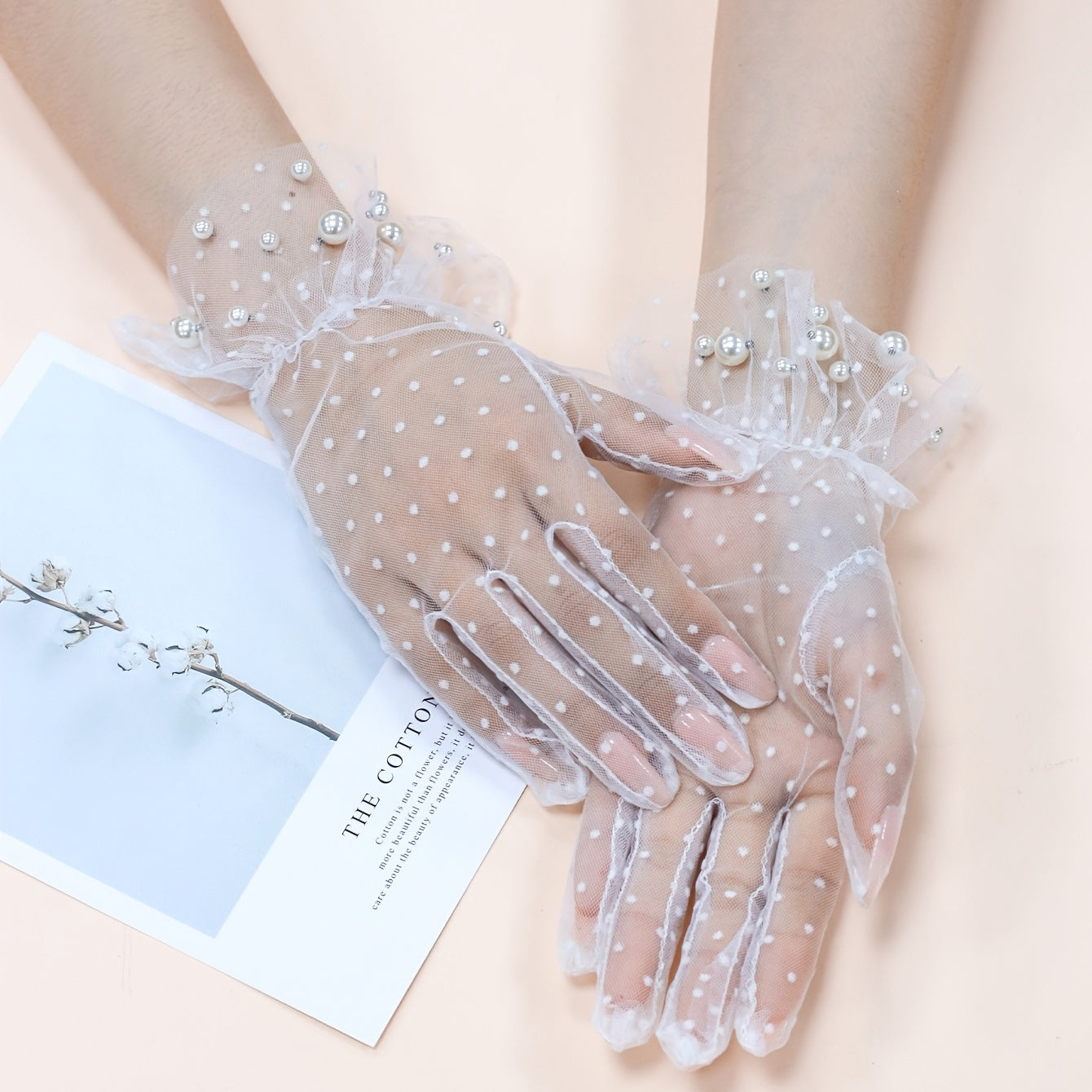 Faux Pearl Decor Mesh Short Gloves For Wedding Bridal