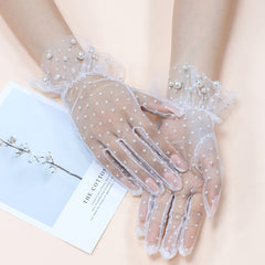 Faux Pearl Decor Mesh Short Gloves For Wedding Bridal