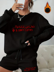 2PC Set Women's Plus Letter Print Sweatshirt & Shorts