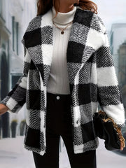 Plaid Print Teddy Coat Waterfall Collar Button Front Warm Outerwear