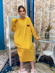 Cherry Print Lounge Dress Striped Home Dress Women's Loungewear