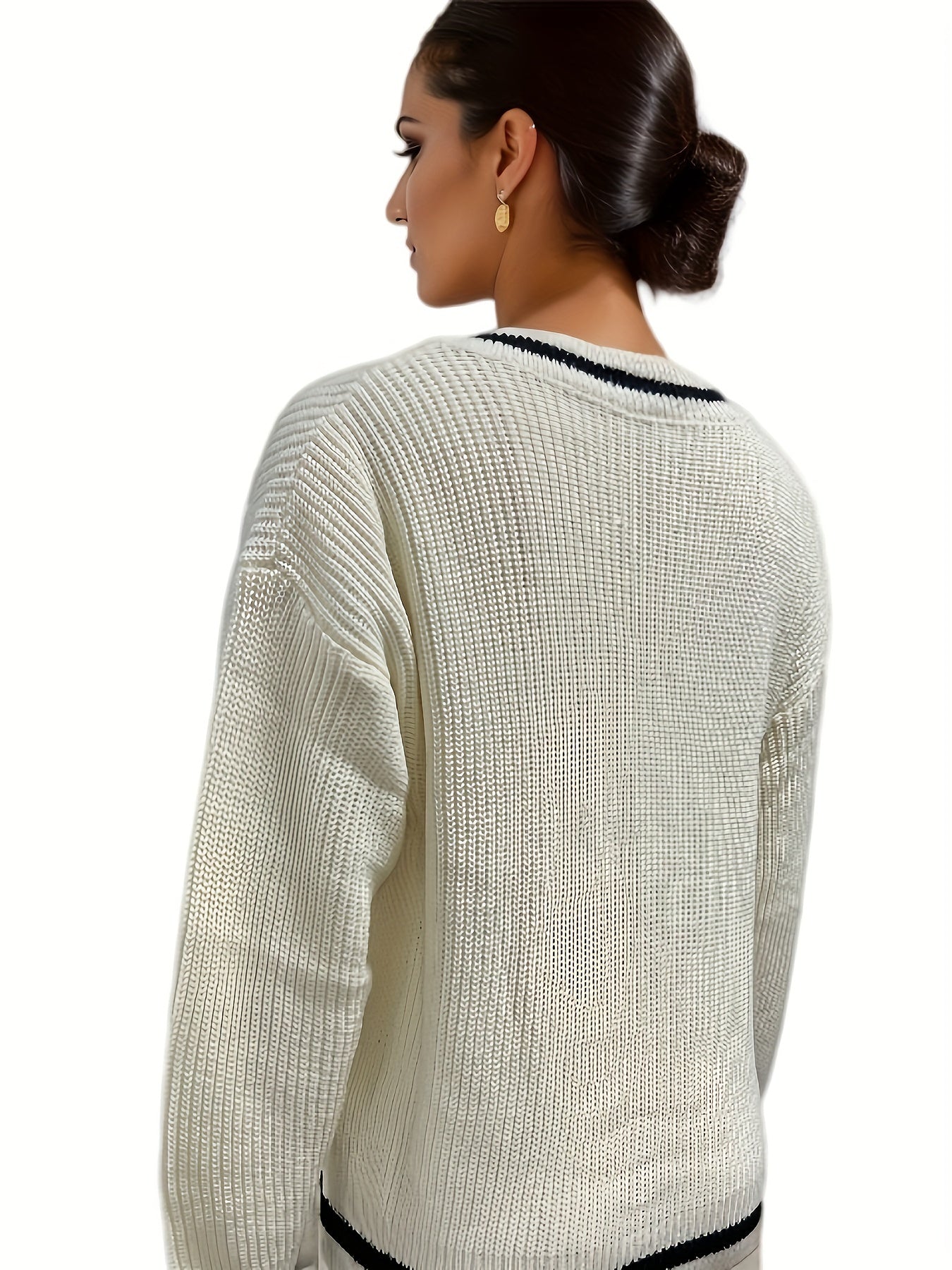 Striped Trim Knit Sweater V Neck Long Sleeve