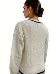 Striped Trim Knit Sweater V Neck Long Sleeve