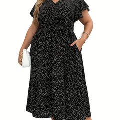Dot Print Ruffle Sleeve V Neck Dress With Pockets