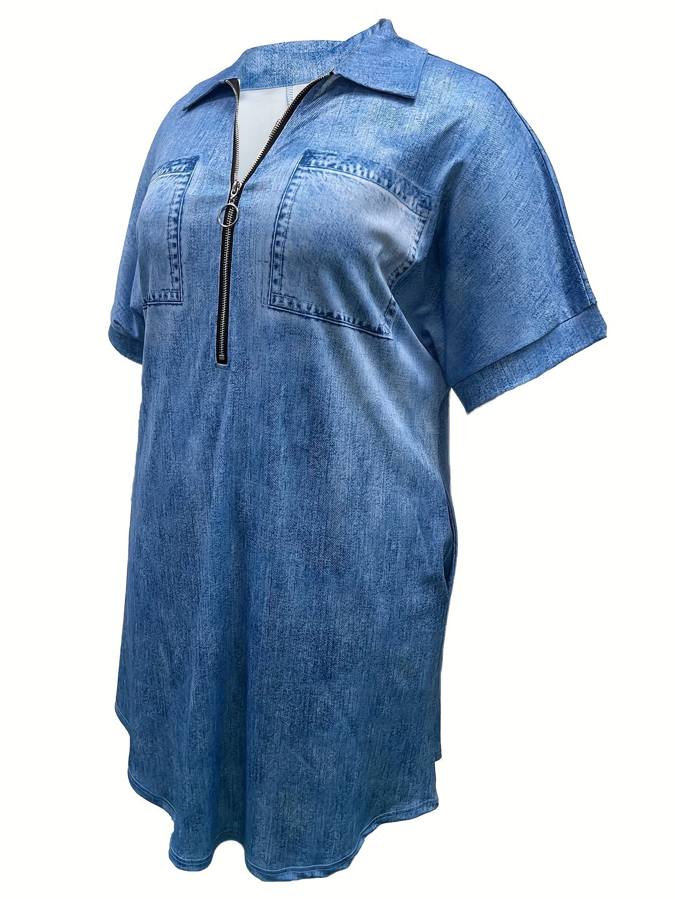 Women's Plus Denim Print Zipper Short Sleeve Mini Dress
