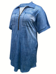 Women's Plus Denim Print Zipper Short Sleeve Mini Dress