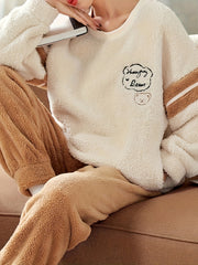 Letter Print Fuzzy Pajama Set Crew Neck Top & Elastic Waistband Pants