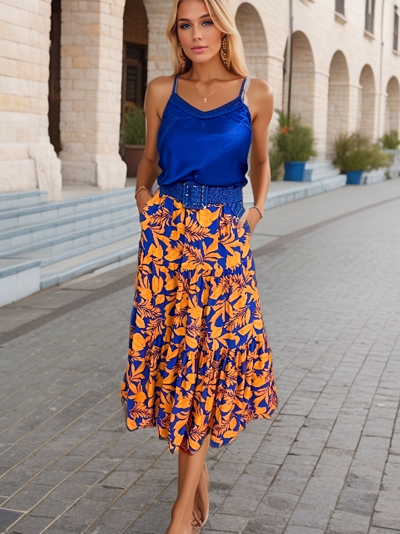 Women's Plus Floral Print High Rise Smock Maxi Skirt With Pockets