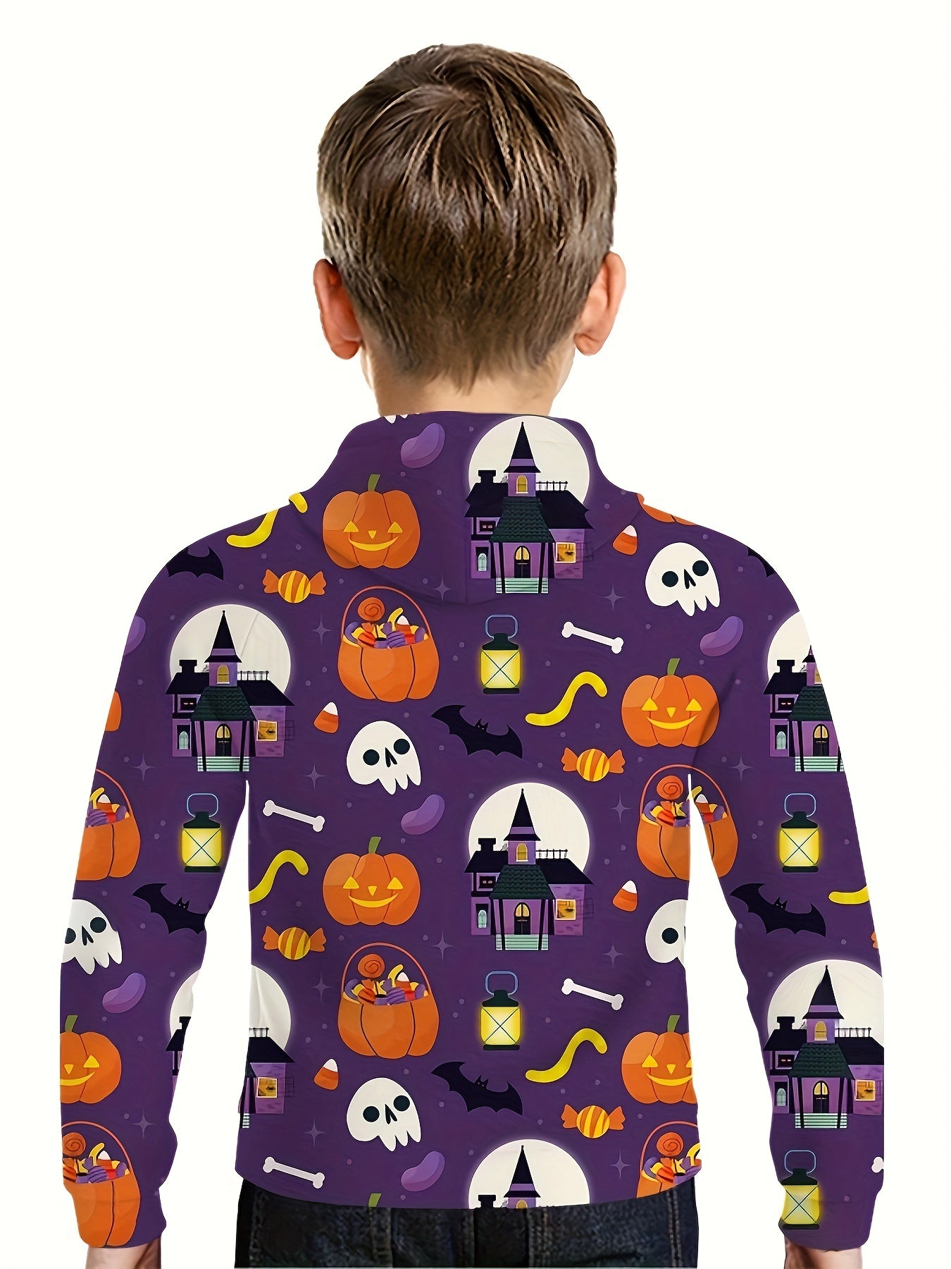 Skull & Pumpkin Print Kid's Hoodie Halloween Elements Unisex Pullover
