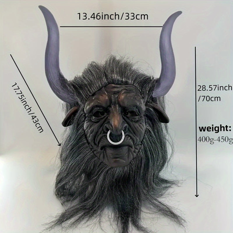 Goat Horned Long Hair Bull Demon Latex Mask Halloween Role Play