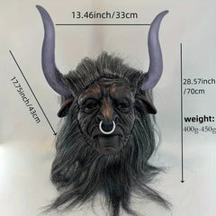 Goat Horned Long Hair Bull Demon Latex Mask Halloween Role Play