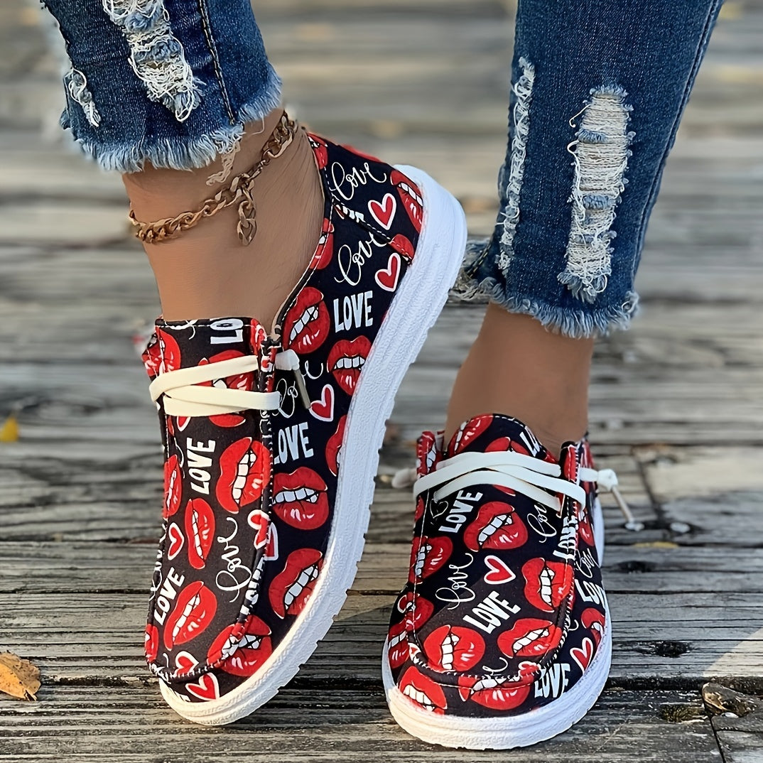 Women's Skateboard Shoes Lips Hearts English Letter Pattern Flat Lace-up Canvas