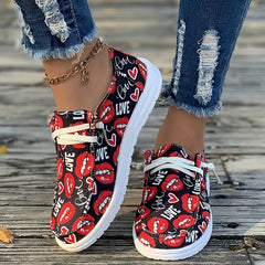 Women's Skateboard Shoes Lips Hearts English Letter Pattern Flat Lace-up Canvas