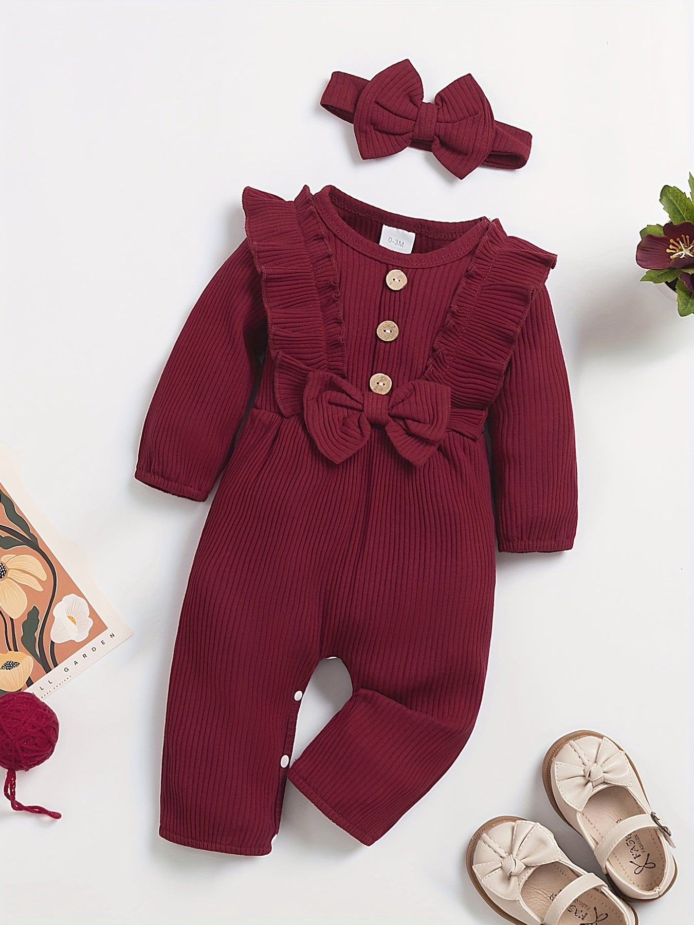 Baby Girl Romper Set Striped Ruffle Trim Long Sleeve Headband