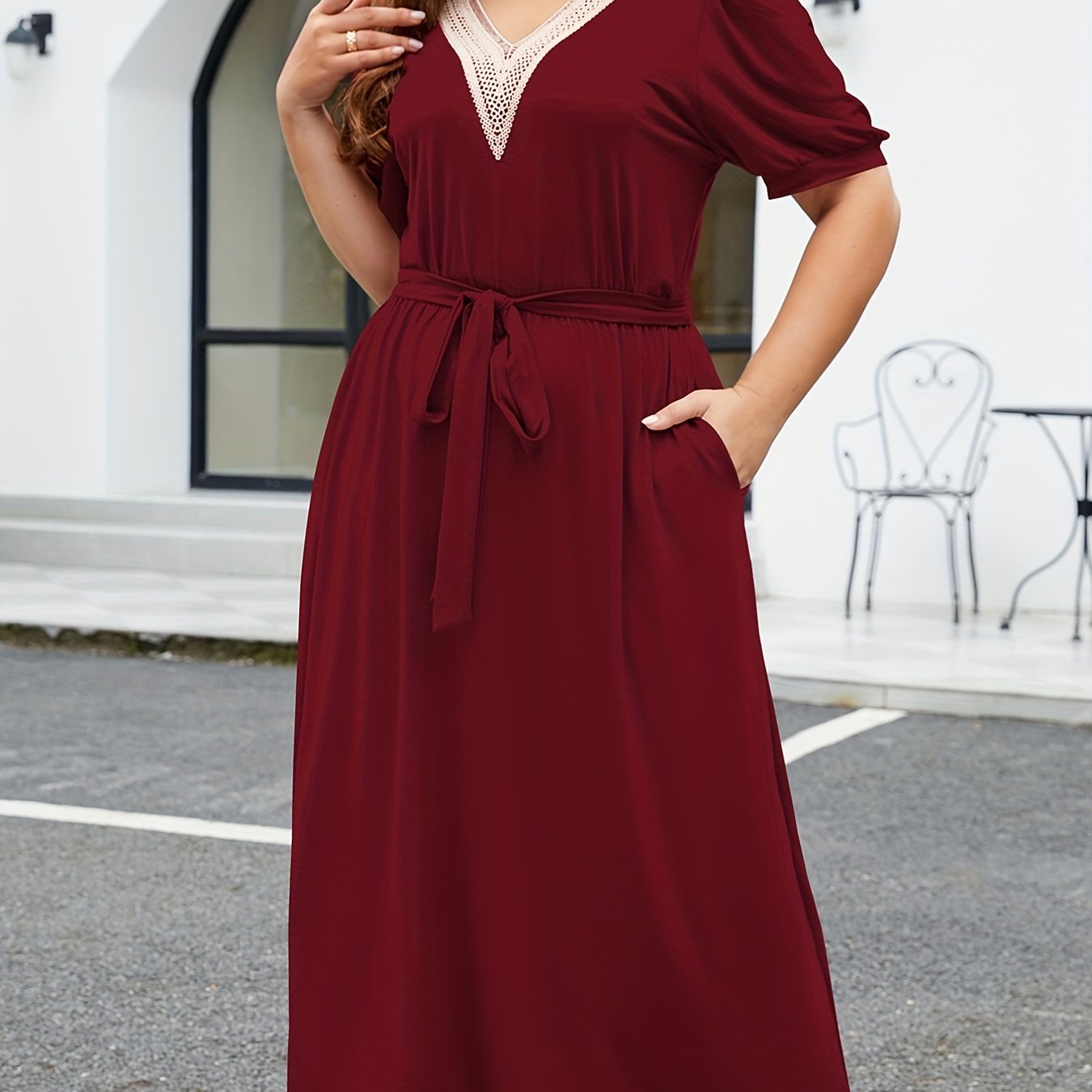 Contrast Lace Short Sleeve V Neck Belted Dress