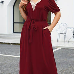 Contrast Lace Short Sleeve V Neck Belted Dress