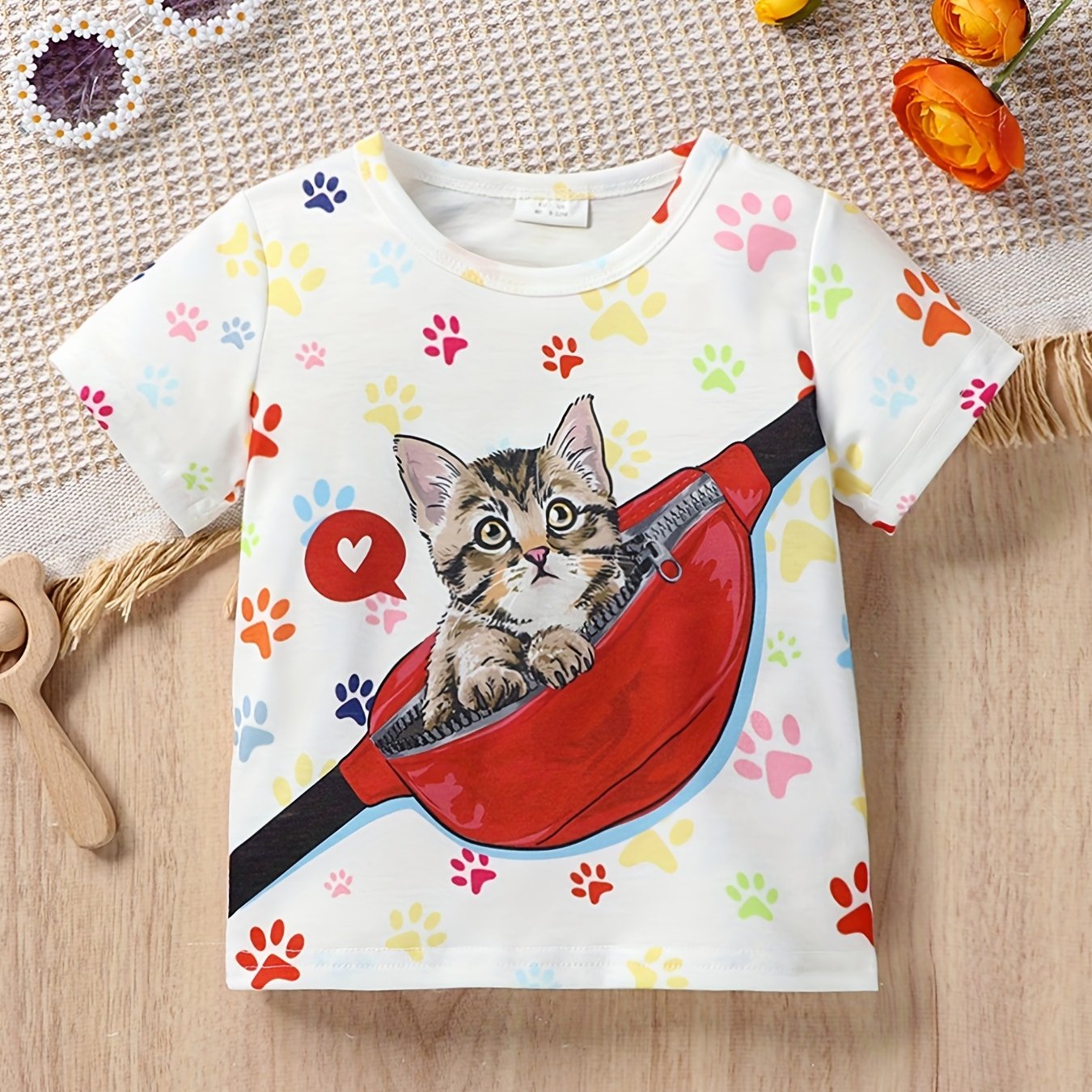 Baby Girls Cat Paw & Crossbody Bag Print T-shirt Top
