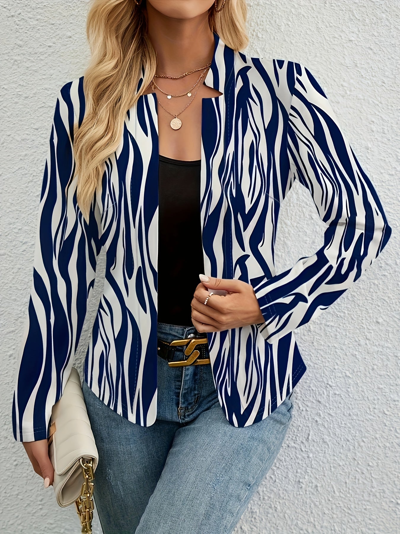 Women's Striped Print Open Front Long Sleeve Blazer