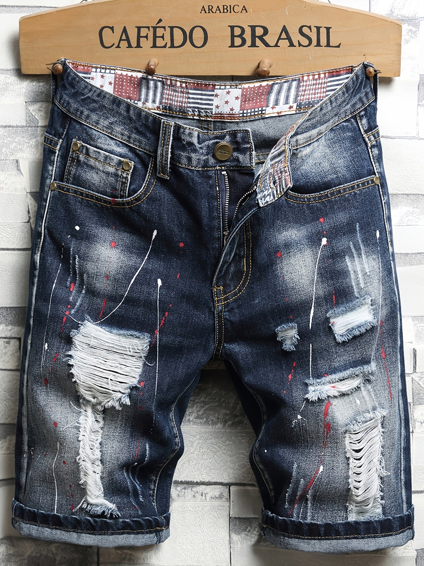 Men's Ripped Splash Print Denim Jeans Vintage Royal Straight Fit Shorts