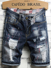 Men's Ripped Splash Print Denim Jeans Vintage Royal Straight Fit Shorts