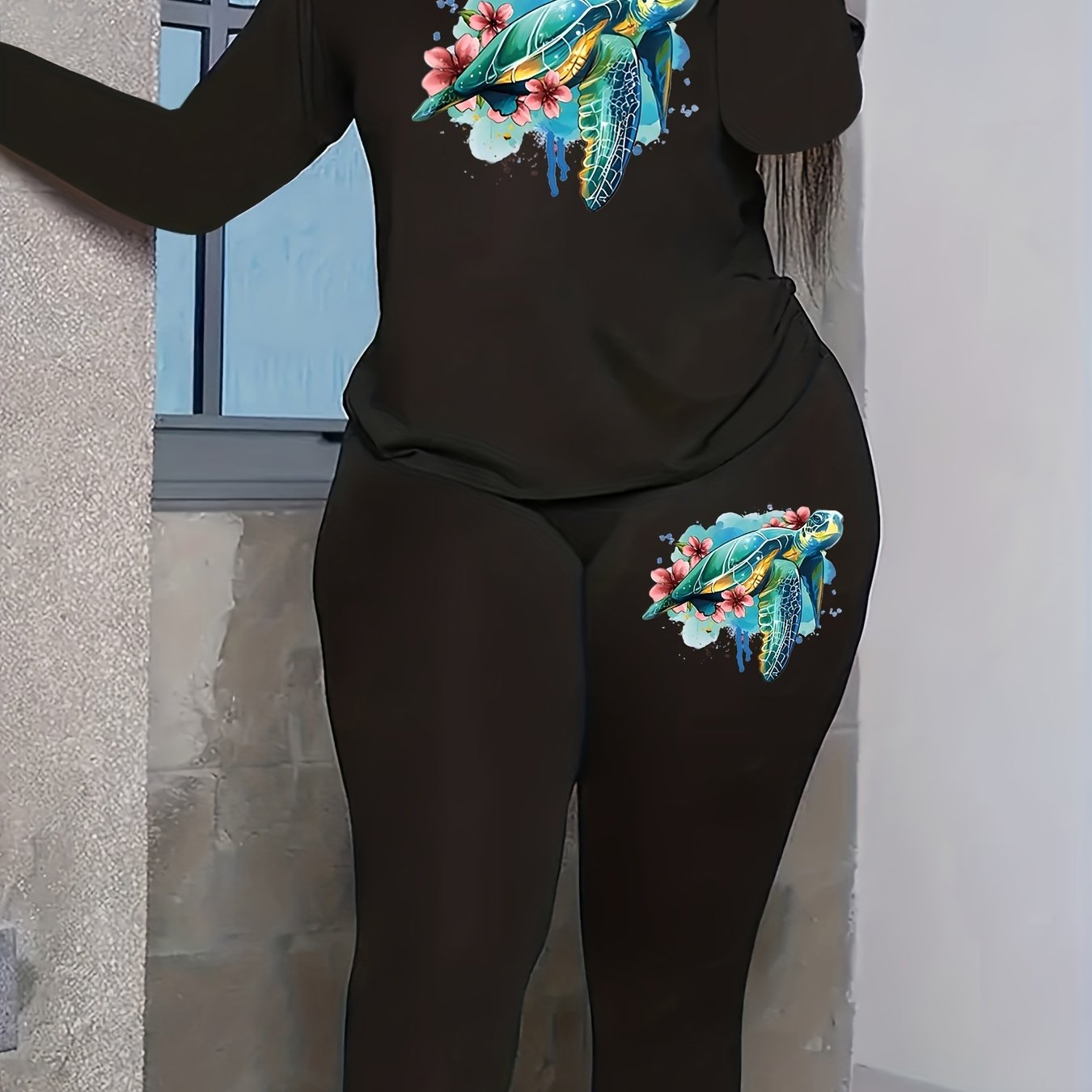Women's Plus Floral & Turtle Print Tee & Legging Set