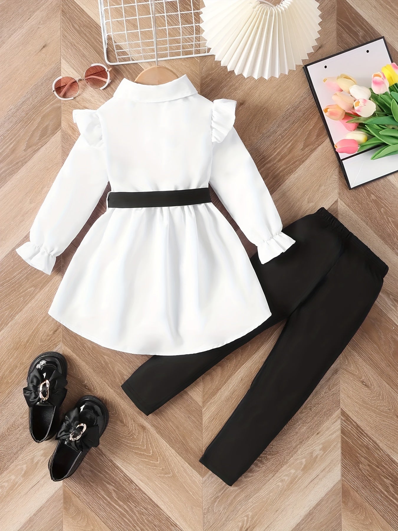 Girl's 2pcs Shirt & Pants Set Ruffle Decor Outfit For Spring Fall