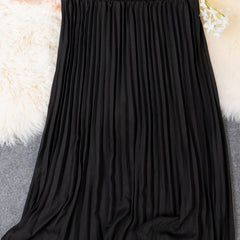 Solid Elastic High Rise Pleated Maxi Skirt
