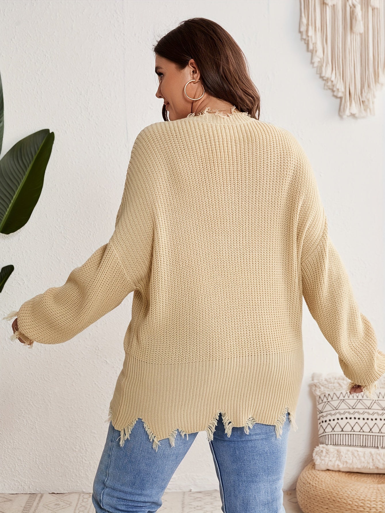 V Neck Distressed Edge Sweater