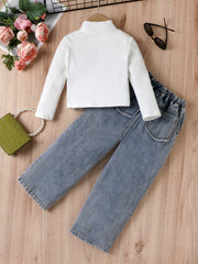 Ribbed Turtleneck Top & Ripped Denim Pants Set for Girls