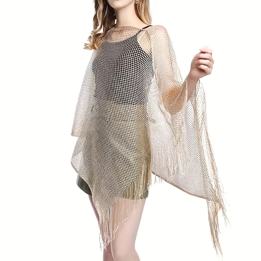 Glitter Hollow Out Shawl Tassel Wraps Large Sunscreen Bikini Cover Up