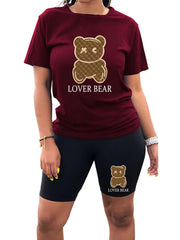 Lover Bear Print Two piece Set Short Sleeve Crew Neck T Shirt & Shorts